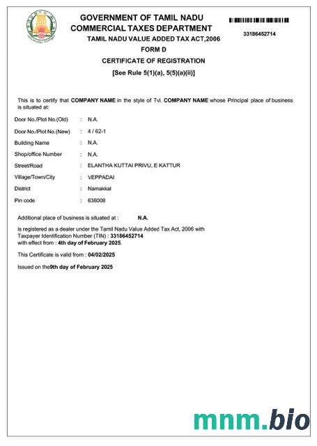 Indie Tamil Nadu certyfikat rejestracji VAT Word i PDF szablon